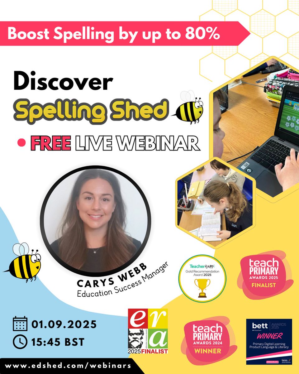 Spelling Shed ๐๐ (@spellingshed) on Twitter photo Find out how our award-winning spelling scheme can boost spelling results at your school with this FREE webinar.
๐ Discover Spelling Shed
๐๏ธ Monday 1st September 2025
๐ 15:45 BST
Register now: edshed.com/en-gb/Webinars
#spellingshed #spelling #primaryteacheruk Find out how our award-winning spelling scheme can boost spelling results at your school with this FREE webinar.
๐ Discover Spelling Shed
๐๏ธ Monday 1st September 2025
๐ 15:45 BST
Register now: edshed.com/en-gb/Webinars
#spellingshed #spelling #primaryteacheruk