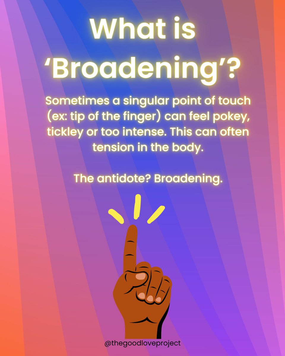 GoodLoveProject's tweet image. Sometimes a singular point of touch (ex: tip of the finger) can feel too intense. This can often tension in the body.

The antidote? BROADENING.

This is just one of the tools I teach in  to help people feel more open and present in their pleasure.