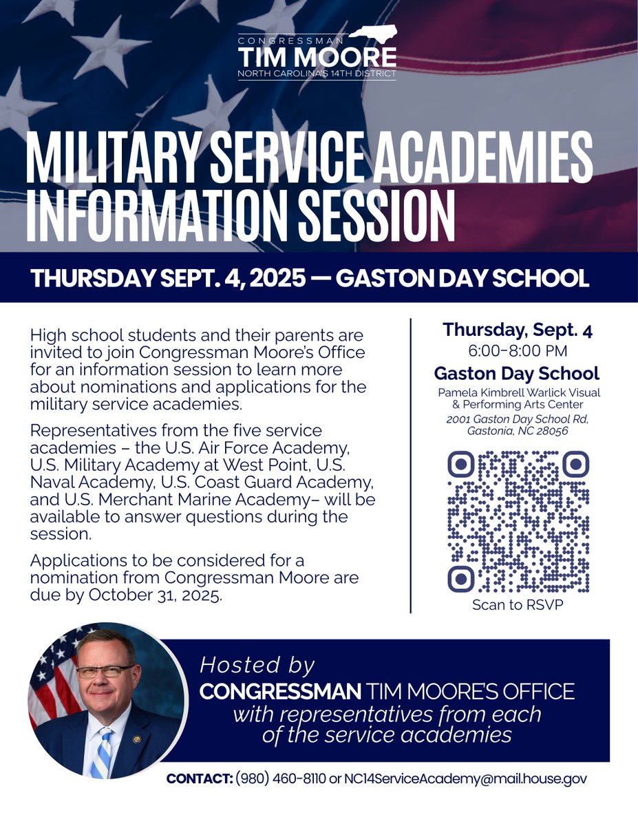 THIS THURSDAY: High school students and their families are invited to join to learn more about the nominations and applications processes for our nation's military academies. 

📍Gaston Day School

📅 Thursday, September 4 | 6:00 PM

RSVP: timmoore.house.gov/service-academ…
