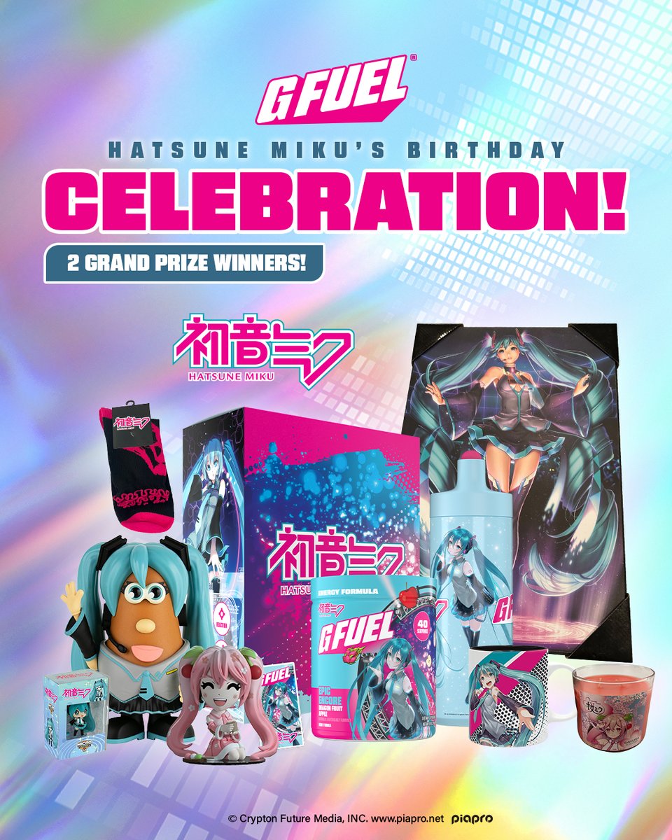 G FUEL® (@gfuelenergy) on Twitter photo 🎉 Miku's Birthday Celebration 🎉
🎤 Celebrate Miku’s Birthday in Style with a G FUEL x Hatsune Miku giveaway!
✨ To celebrate, we’re giving YOU the chance to win exclusive <a href="/cfm_miku_en/">Hatsune Miku</a> merch + limited-edition G FUEL x Hatsune Miku Encore Collector’s Box!
💙 RT + ENTER BELOW 🎉 Miku's Birthday Celebration 🎉
🎤 Celebrate Miku’s Birthday in Style with a G FUEL x Hatsune Miku giveaway!
✨ To celebrate, we’re giving YOU the chance to win exclusive <a href="/cfm_miku_en/">Hatsune Miku</a> merch + limited-edition G FUEL x Hatsune Miku Encore Collector’s Box!
💙 RT + ENTER BELOW