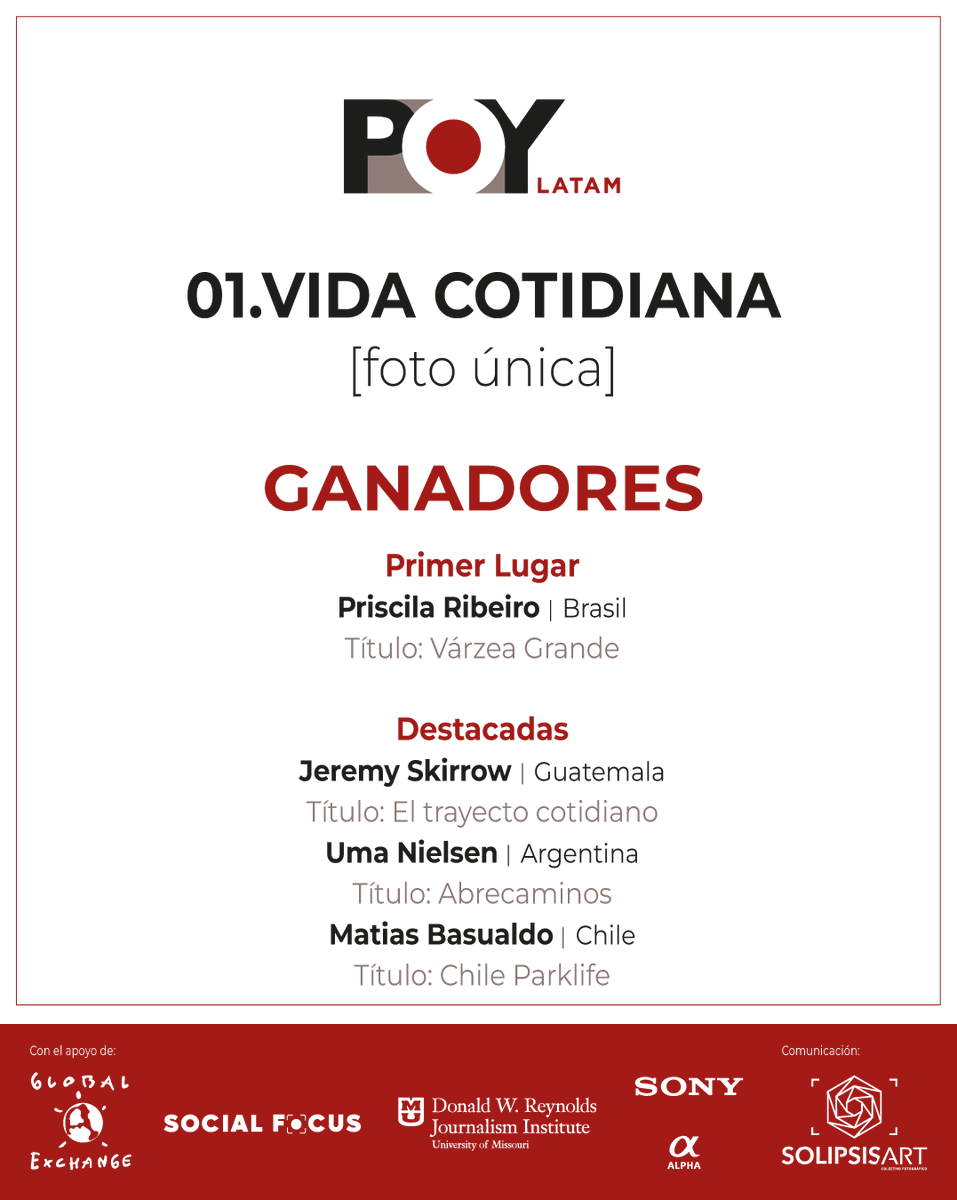 🔴 #POYLatam2025 | Ganadores

Felicitaciones a las y los fotógrafos ganadores en la categoría clásica: Vida Cotidiana [foto única] 

🥇 Priscila Ribeiro 🇧🇷
▪️Jeremy Skirrow 🇬🇹
▪️Uma Nielsen 🇦🇷
▪️<a href="/MathiasBasualdo/">Matias Basualdo</a> 🇨🇱

Parabéns!!!
Comunicación: <a href="/SolipsisArt/">SolipsisArt Ecuador</a>