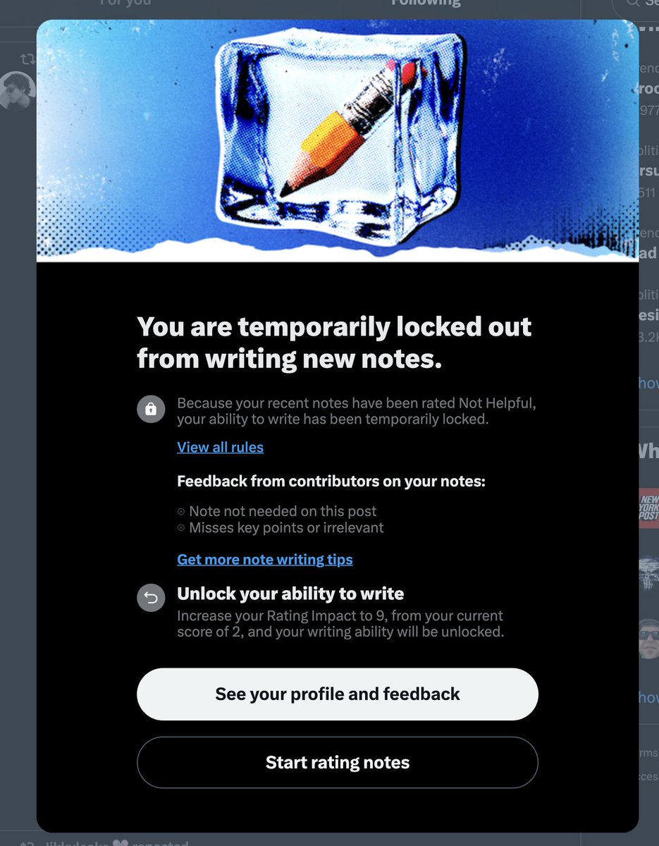 Oh, now I see how Community Notes screws with people even after they have been approved to write community notes - by brigading their notes with "not helpful" to get them "locked out".

<a href="/elonmusk/">Elon Musk</a> this is ridiculous and stupid, and confirms that <a href="/CommunityNotes/">Community Notes</a> is broken to its