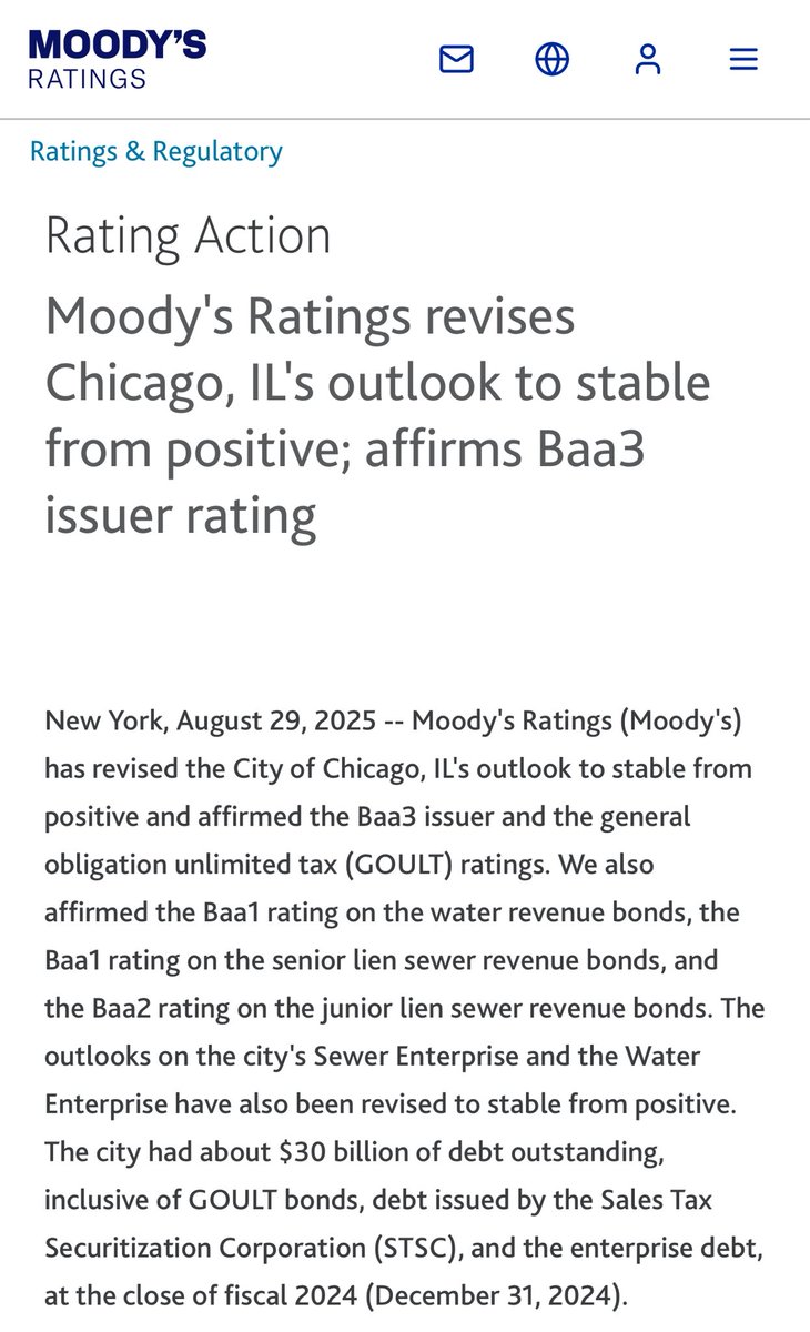 Bill Conway 🇺🇸 (@newdayconway) on Twitter photo This didn’t get enough coverage, but on Friday <a href="/moodysratings/">Moody's Ratings</a> revised Chicago’s credit outlook downward.
Our credit rating didn’t fall, but the financial picture is getting harder. Here’s what it means for taxpayers 👇 🧵 This didn’t get enough coverage, but on Friday <a href="/moodysratings/">Moody's Ratings</a> revised Chicago’s credit outlook downward.
Our credit rating didn’t fall, but the financial picture is getting harder. Here’s what it means for taxpayers 👇 🧵