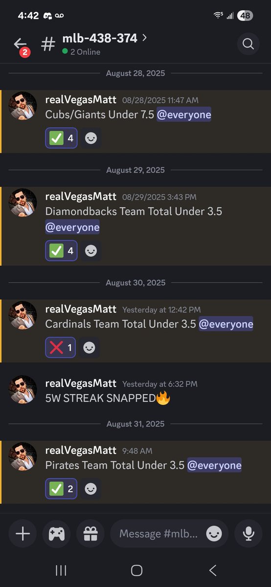 realVegasMatt's tweet photo. Finish Sunday baseball 1-0 with Pittsburgh Pirates Team Total Under 3.5✅️ We have a College Football play for Notre Dame at Miami #NDvsMIA 🏈

#CFB 64-49. 5-3 2025 and 3W🔥
#NFL 50-38
#MLB 438-374. 6-1 L7🔥
#NBA 94-81
#CBB 80-62. 30-14 L44🔥 https://t.co/IMwcfH492W