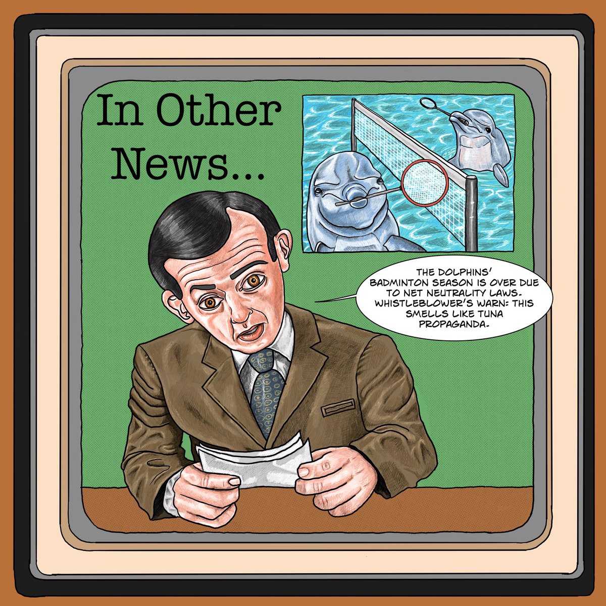 teajay23's tweet photo. Tonight’s top story: corruption in dolphin badminton 🐬🏸
.
.
.
.
#InOtherNews #IndieComics #ComicStrip #SurrealArt #AbsurdComedy #DolphinBadminton #NetNeutrality #PunArt #UndergroundComix #Satire #IndieArtist https://t.co/6eXjTxuTkX