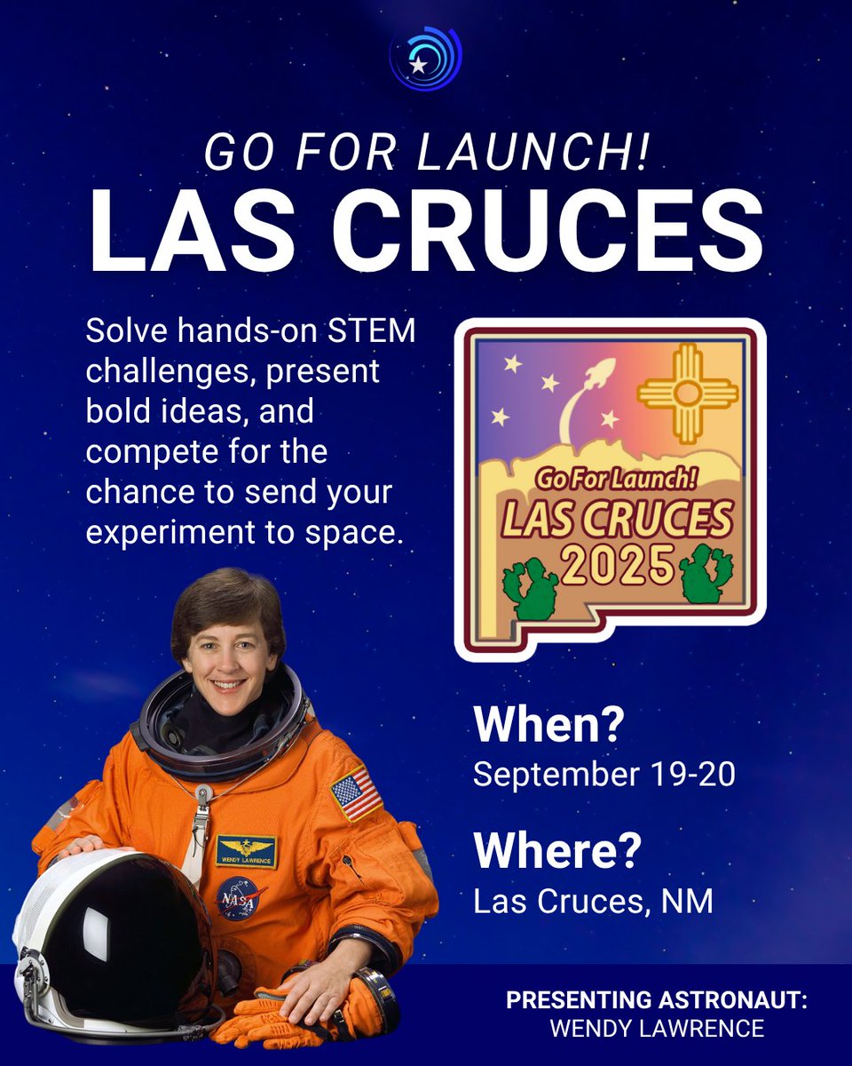 Higher Orbits (@higherorbits) on Twitter photo Go For Launch! is excited to land in New Mexico for the 1st time in a few weeks in Las Cruces!
Students in grades 8-12 are invited to join us to work with Astronaut Wendy Lawrence & have a blast with #STEM!
GoForLaunch.space!
#SpaceInspires #GoForLaunch <a href="/LCPSnet/">Las Cruces Public Schools</a> Go For Launch! is excited to land in New Mexico for the 1st time in a few weeks in Las Cruces!
Students in grades 8-12 are invited to join us to work with Astronaut Wendy Lawrence & have a blast with #STEM!
GoForLaunch.space!
#SpaceInspires #GoForLaunch <a href="/LCPSnet/">Las Cruces Public Schools</a>
