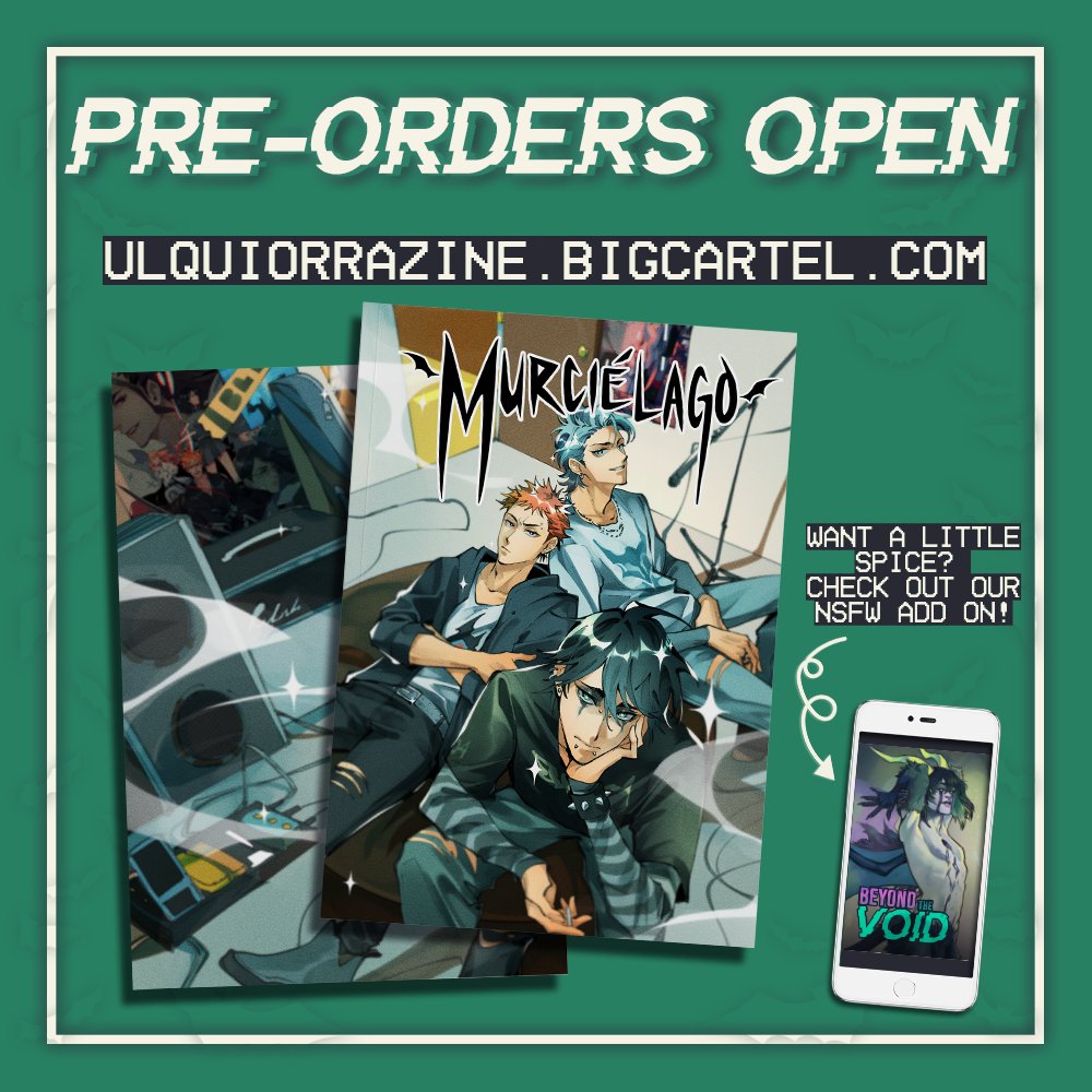 💚✨PRE ORDERS ARE OPEN NOW!✨💚
1st September- 31st October 2025

💚🦇Pre-orders for Murciélago: An Ulquiorra Cifer zine is open. 🦇💚

Check out our big cartel now!

💚ulquiorrazine.bigcartel.com