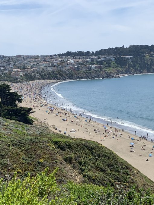 Not very often San Francisco can rival Miami for the day's best ocean-front city in America, but today is one of those days. Baker Beach (foreground) and the smaller China Beach (around cove) are packed and the neighborhood smells like a Hawaiian Tropic convention.