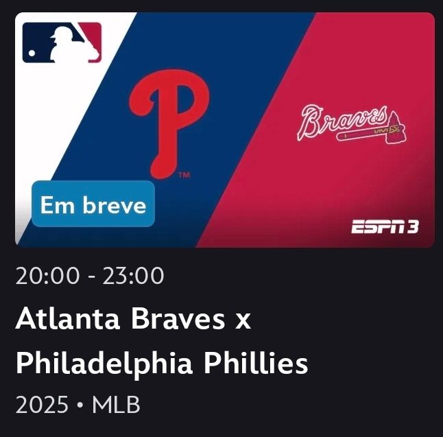 #MLBnaESPN Já no ar com o Sunday Night Baseball. Philadelphia Phillies x Atlanta Braves, clássico de divisão no leste. Narração de Gustavo Santos na ESPN 3 e no Disney+