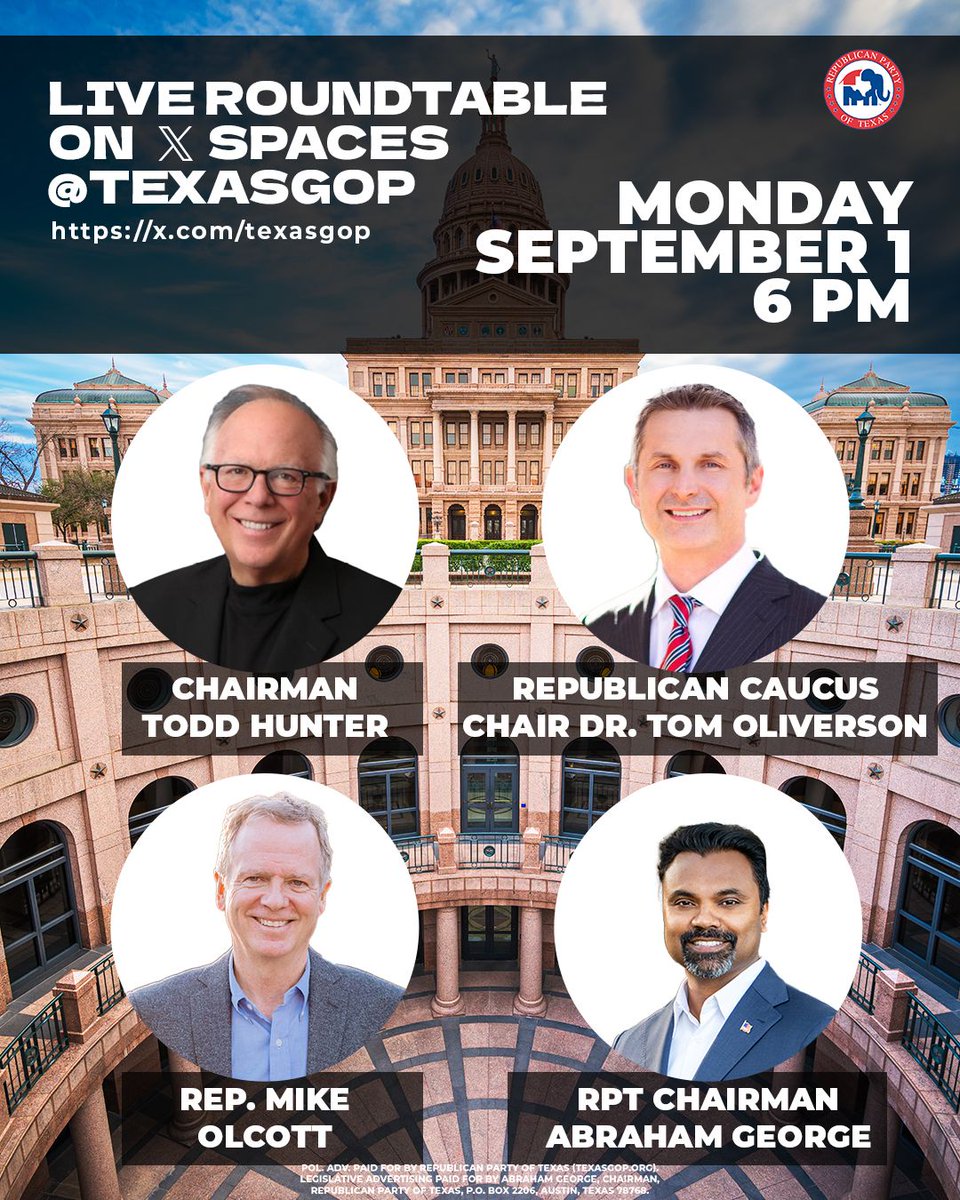Join Chairman @AbrahamGeorge tomorrow on a live roundtable conversation with Chairman <a href="/toddahunter/">Todd Hunter</a>,  Republican Caucus Chair Dr. <a href="/TomOliverson/">Tom Oliverson, M.D.</a>, and Representative Mike Olcott (<a href="/olcott4texas/">Mike Olcott</a>).

Monday, September 1 at 6 PM.

x.com/i/spaces/1YqKD…
