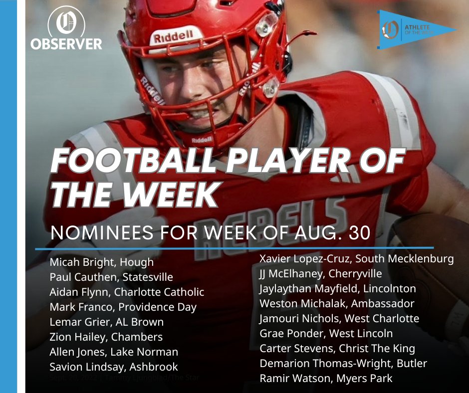 charlottepreps's tweet photo. Here are the nominees for @theobserver's high school football player of the week. The winner will be profiled in a feature story.

Vote now. Vote often. Vote at link below

https://t.co/lRs8bKqoA1 https://t.co/KQ03UuY0TS