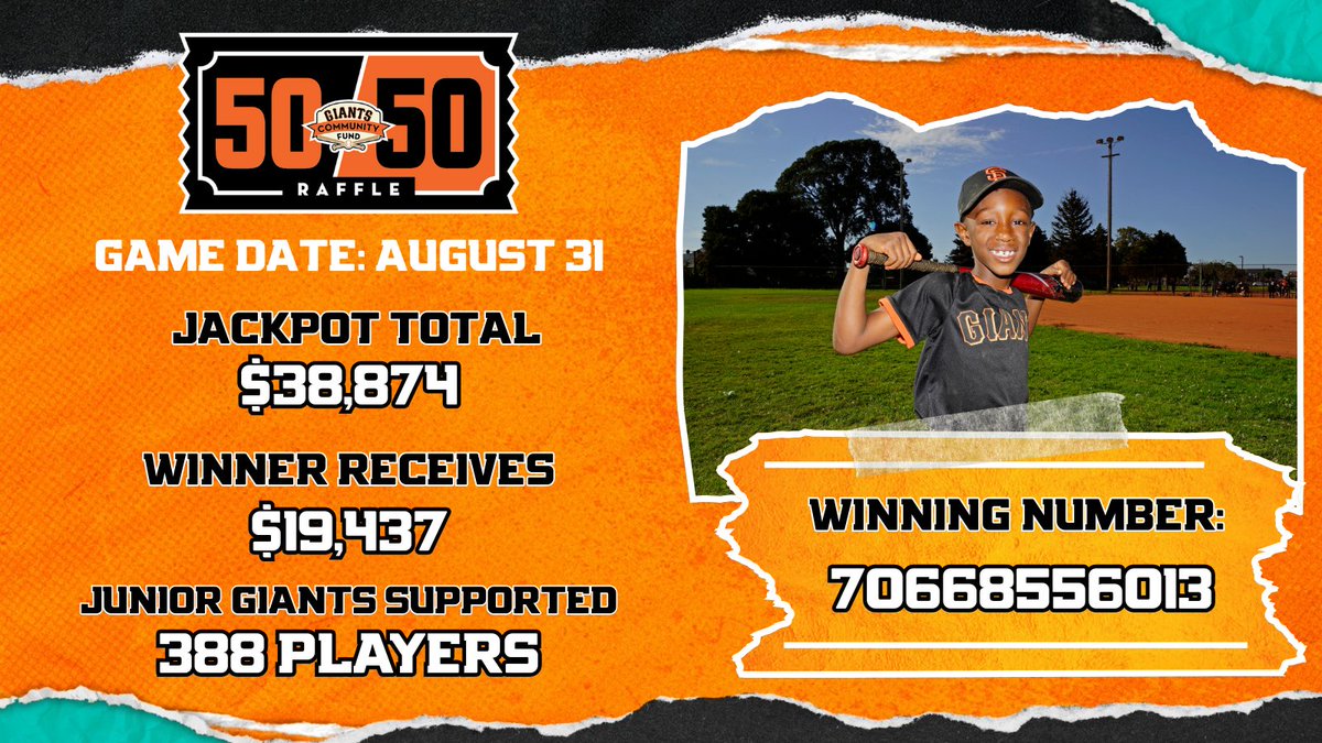 🎟️ The winning number is in!
 Check your tickets and see if you hit the jackpot.
 👉 mlb.com/giants/communi…
 #5050Raffle | #SFGiants