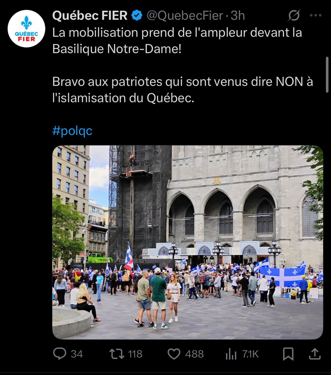 « L’islamisation du Québec » bah voilà la rhétorique d’extrême-droite en premier plan lors de ces manifestations. Évoquer ce principe de « l’islamisation d’un pays » évoqué par la fachosphère partout dans le monde disqualifie votre crédibilité. Voilà qui manifeste!