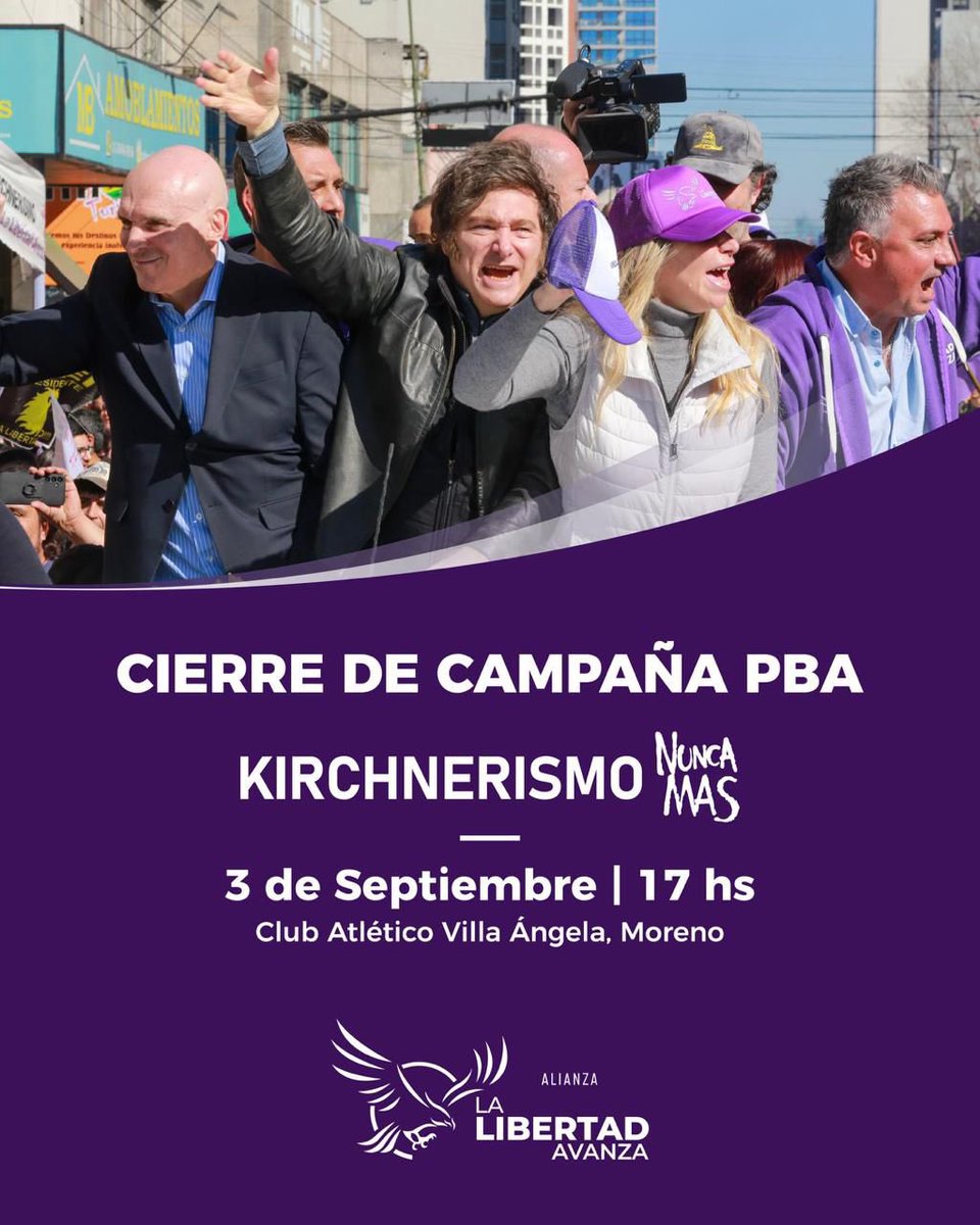 lla.primeraseccion (@llaprimerasecc) on Twitter photo Los esperamos este miércoles 3 de septiembre en Moreno para el cierre de campaña de PBA. KIRCHNERISMO NUNCA MAS!!!
<a href="/JMilei/">Javier Milei</a> <a href="/KarinaMileiOk/">Karina Milei</a> <a href="/SPareja_/">Sebastián Pareja</a> <a href="/AndreaFVera_/">Andrea Vera</a> <a href="/LLAenPBA/">Alianza La Libertad Avanza - PBA</a> Los esperamos este miércoles 3 de septiembre en Moreno para el cierre de campaña de PBA. KIRCHNERISMO NUNCA MAS!!!
<a href="/JMilei/">Javier Milei</a> <a href="/KarinaMileiOk/">Karina Milei</a> <a href="/SPareja_/">Sebastián Pareja</a> <a href="/AndreaFVera_/">Andrea Vera</a> <a href="/LLAenPBA/">Alianza La Libertad Avanza - PBA</a>