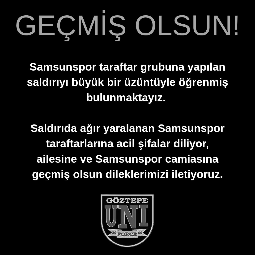 Göztepe UniForce (@uniforcegoztepe) on Twitter photo Samsunspor taraftar grubuna yapılan saldırıyı büyük bir üzüntüyle öğrenmiş bulunmaktayız.
Saldırıda ağır yaralanan Samsunspor taraftarlarına acil şifalar diliyor, ailesine ve Samsunspor camiasına geçmiş olsun dileklerimizi iletiyoruz.
<a href="/forzasirinler86/">Forza Şirinler</a>
#Göztepe
#GöztepeUniForce Samsunspor taraftar grubuna yapılan saldırıyı büyük bir üzüntüyle öğrenmiş bulunmaktayız.
Saldırıda ağır yaralanan Samsunspor taraftarlarına acil şifalar diliyor, ailesine ve Samsunspor camiasına geçmiş olsun dileklerimizi iletiyoruz.
<a href="/forzasirinler86/">Forza Şirinler</a>
#Göztepe
#GöztepeUniForce
