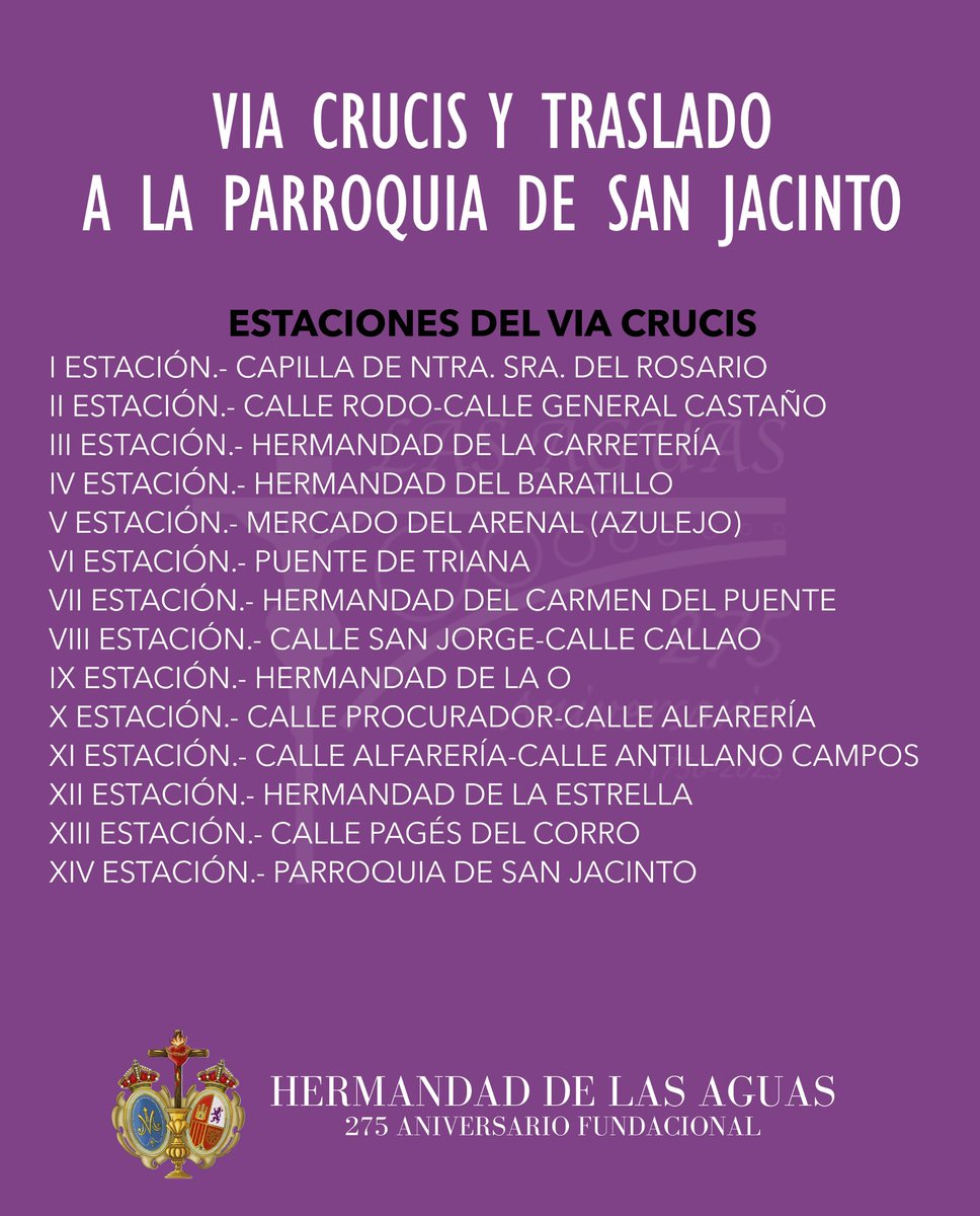 VIA CRUCIS Y TRASLADO A LA PARROQUIA DE SAN JACINTO

Este será el recorrido del Via Crucis y Traslado de las imágenes del Stmo. Cristo de las Aguas y Ntra. Madre y Sra. del Mayor Dolor a la Parroquia de San Jacinto <a href="/SanJacintoPQ/">Parroquia de San Jacinto</a> con las respectivas estaciones.

#275HdadLasAguas