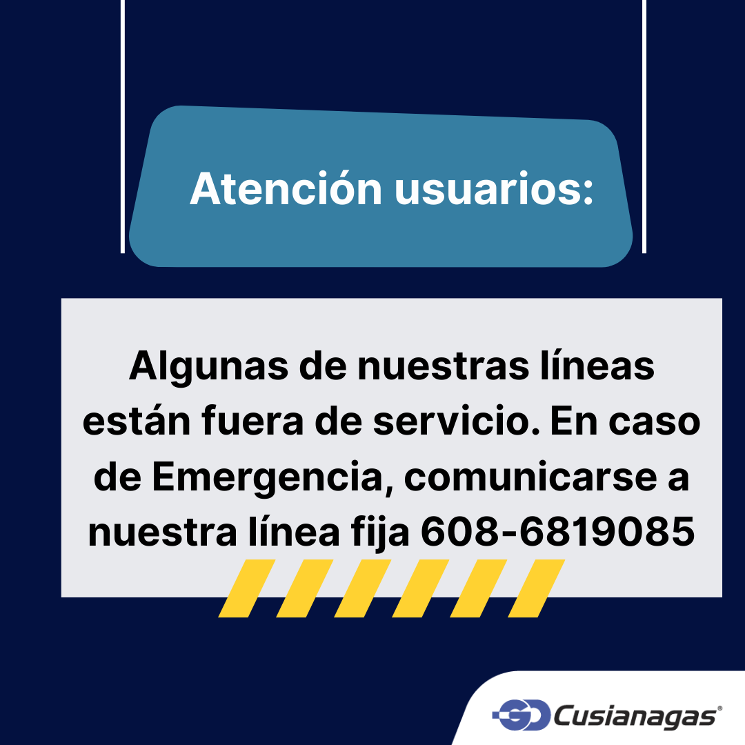 cusianagas's tweet photo. ¡Atención, usuarios! Hoy domingo, 31 de agosto, algunas de nuestras líneas presentas fallas técnicas. En caso de emergencias de gas, por favor comunicarse al 608-6819085. https://t.co/27Dxq0e7pr