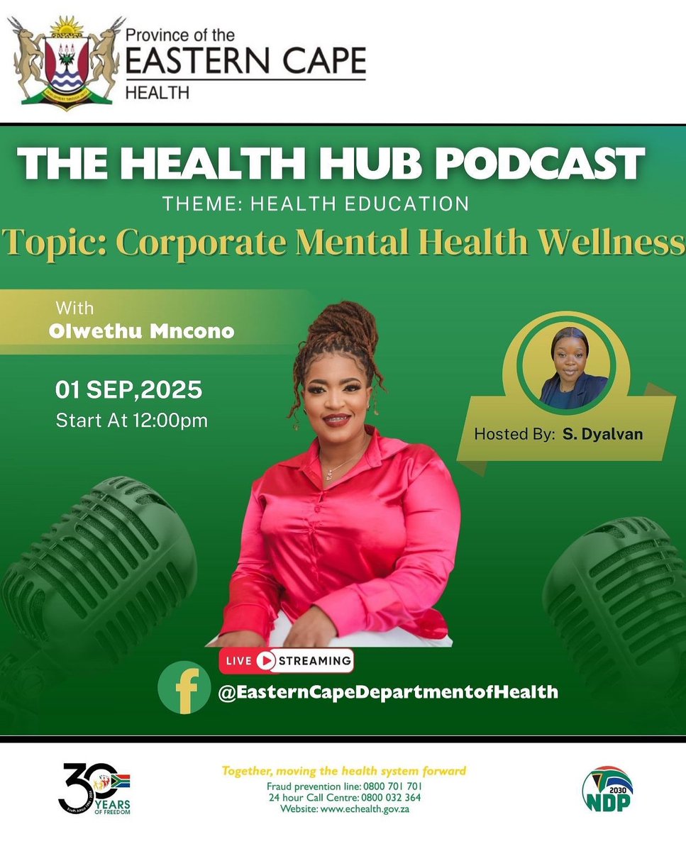 easterncapedoh's tweet photo. Get ready to tune in! The Health Hub podcast is launching Monday, 1 September 2025 at 12pm. Live stream the podcast for expert insights, open dialogue and empowering health education. Stay healthy, stay informed.
#ECDoH
#TheHealthHub #HealthMatters #HealthyCommunities https://t.co/hNnNGZPp4W