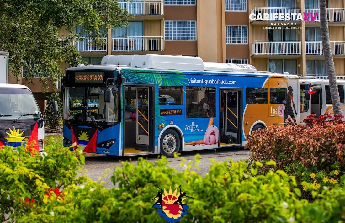 #BARBADOS: #AntiguaandBarbuda Tourism Authority's  'Be Here' promotional branded bus made an appearance on the streets of Barbados at CARIFESTA XV.