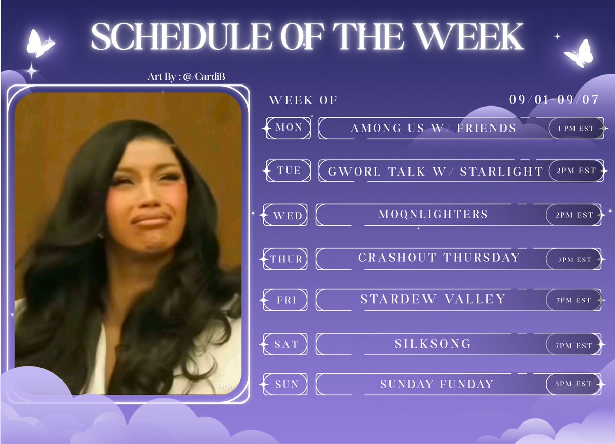 FaeWilders ,
" 𝐀𝐝𝐯𝐞𝐧𝐭𝐮𝐫𝐞𝐬 𝐖𝐢𝐭𝐡 𝐌𝐢𝐳𝐨 𝐀𝐫𝐞 𝐀𝐥𝐰𝐚𝐲𝐬 𝐁𝐞𝐭𝐭𝐞𝐫 𝐖𝐢𝐭𝐡 𝐘𝐨𝐮 ! "
This Week's Lineup ~

SOLO DOLO WEEK ✨
- AMONG US w/ Friends
- GWORL TALK w/ <a href="/StarlightDatura/">Starlight ✨️🌸 ☽ The Realms ☾</a> 
- GAE LAND FARMS ( stardew )

see you in the sky ☁✨
#VtuberEN #pngtuber