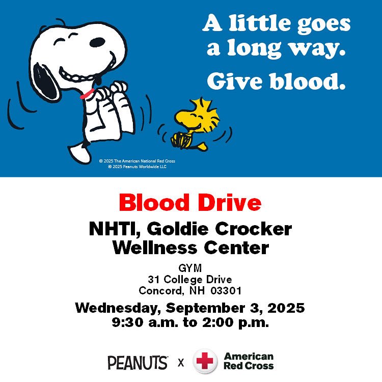 Please join us for a blood drive at <a href="/NHTI/">NHTI</a>, in our Goldie Crocker Wellness Center Gymnasium on Wednesday, September 3, 2025 from 9:30 a.m. to 2:00 p.m. Visit RedCrossBlood.org to schedule an appointment.

Come give blood for an exclusive Red Cross x PEANUTS® mystery bag!