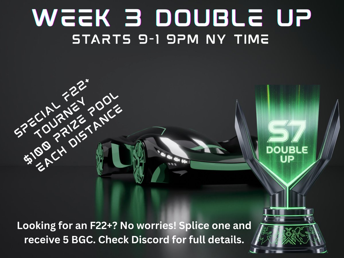 need an F22+ you get 5 bucks back if you breed one for this event. full details in discord

Splice one today
fbike.dnaracing.run/splice-arena

dont want to splice one buy one 
market.dnaracing.run/explore?asset_…

#freeweb3tourney