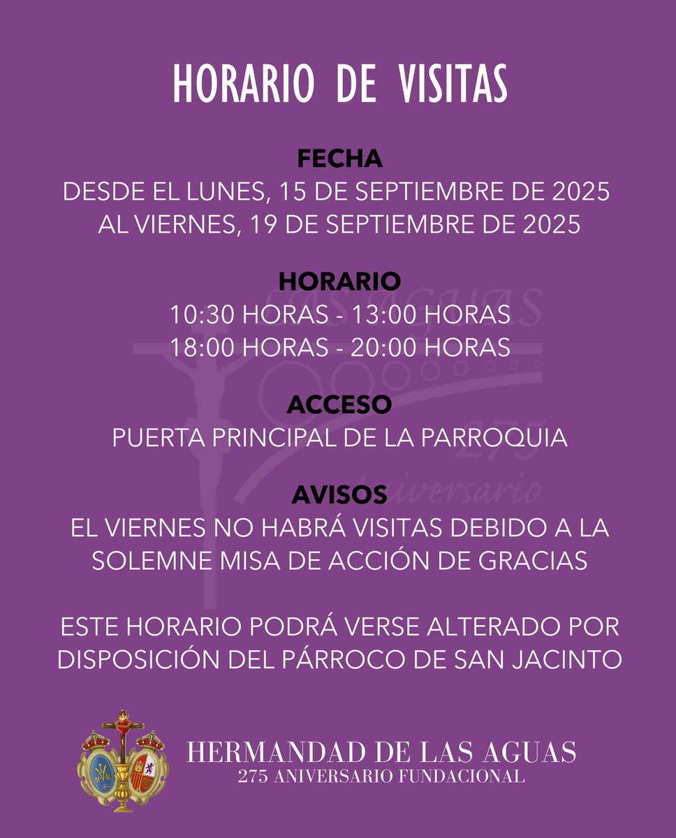ACTOS Y CULTOS EN LA PARROQUIA DE SAN JACINTO

Damos a conocer todos los detalles acerca de todos los actos y cultos que organizará nuestra Hermandad en la Parroquia de San Jacinto <a href="/SanJacintoPQ/">Parroquia de San Jacinto</a>, así como el horario de visitas.

#275HdadLasAguas