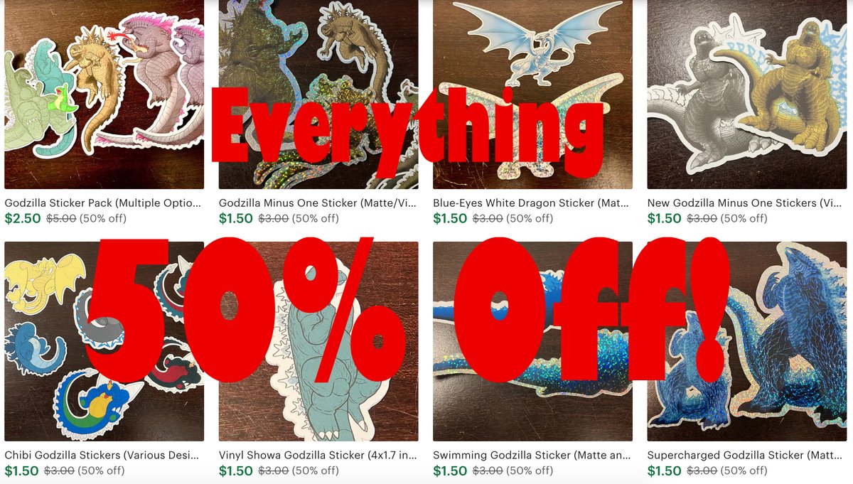 Got some bills to pay urgently, so there's a flash sale on the Etsy store! Get 50% off all items! Link to store in bio #godzilla #godzillaart #sticker #kaiju #GodzillaXKongSupernova
