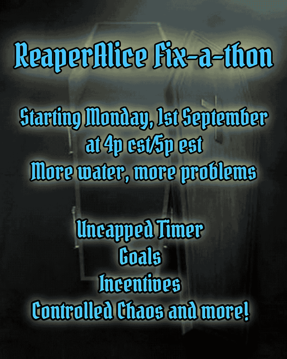 ReaperRedacted_'s tweet photo. I'm doing a thing!!!! Need to prevent another leak, so here we are.

The uncapped Reaper Fix-a-thon starts with a huge lineup of all the things!!! Hope to see you there!
Timer starts at 6 hours ⌛
.
.
.
.
.
.
#twitch #streamer #gamergirl #goth #fyp https://t.co/LuUFX5YulZ