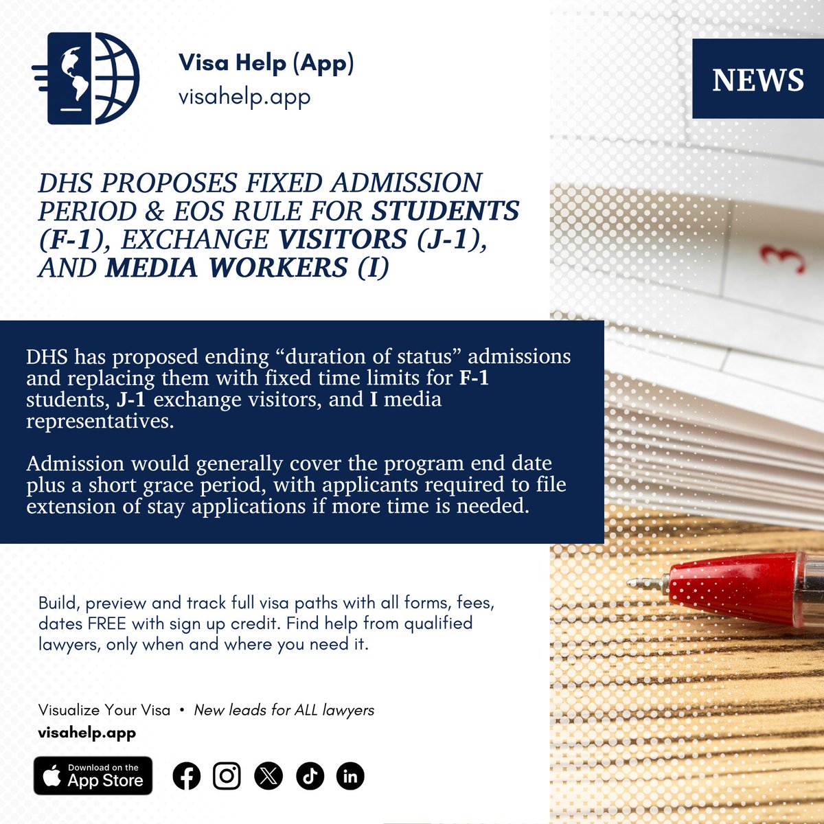 Visa Help (App) (@visahelp_app) on Twitter photo DHS Proposes Fixed Admission Period & EOS Rule for Students (F-1), Exchange Visitors (J-1), and Media Workers (I)
<a href="/DHSgov/">Homeland Security</a> has proposed ending “duration of status” admissions and replacing them with fixed time limits for F-1 students, J-1 exchange visitors, and I media DHS Proposes Fixed Admission Period & EOS Rule for Students (F-1), Exchange Visitors (J-1), and Media Workers (I)
<a href="/DHSgov/">Homeland Security</a> has proposed ending “duration of status” admissions and replacing them with fixed time limits for F-1 students, J-1 exchange visitors, and I media