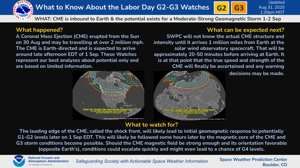 SWPC notifies critical infrastructure operators about these storms and their potential effects. Those interested in the aurora should visit our webpage at spaceweather.gov to follow latest info; and follow the local weather forecasts for cloud forecast conditions. <a href="/NWS/">National Weather Service</a>