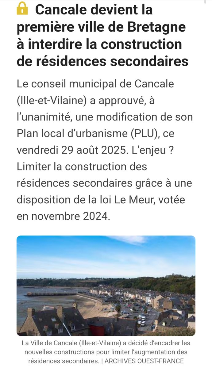 Un exemple à suivre. Petit à petit, un peu timidement, mais ça avance. Le statut de résident breton qu'il faut mettre en place, c'est 5 ans de résidence en Bretagne avant de pouvoir acheter un bien, pour éviter l'achat de résidences secondaires en Bretagne ouest-france.fr/societe/logeme…