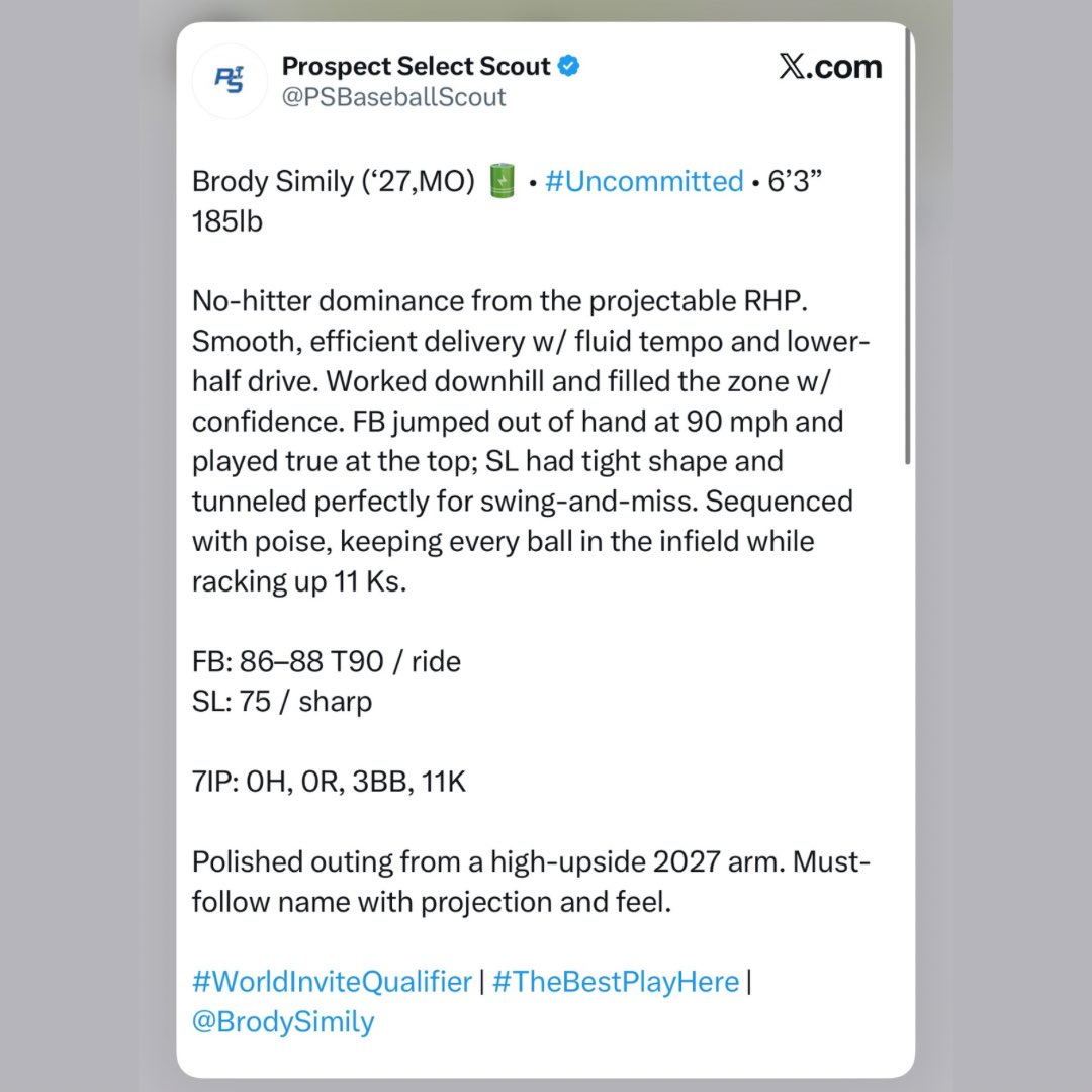 NO-NO!

<a href="/BrodySimily/">Brody Simily</a> was lights out at the World Invite Qualifier. FB 86-88 T90, SL 75. 
7IP: 0H, 0R, 3BB, 11K

#DominateTheZone | <a href="/GbaDevelopment/">GBA Development</a>