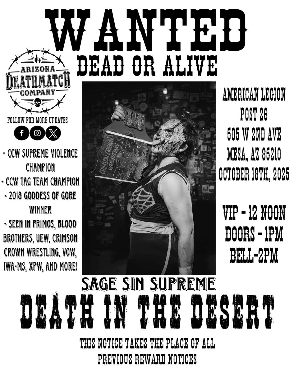 AZDMCo's tweet image. Bad News: Unfortunately Nick Gage will NOT be at Death in the Desert. 

Good News: We have an absolutely wicked replacement for him in the Hallowed Empress herself...

SAGE SIN SUPREME!

TICKETS ARE ON SALE NOW

Don't miss being a part of history!

Link: eventbrite.com/e/death-in-the…
