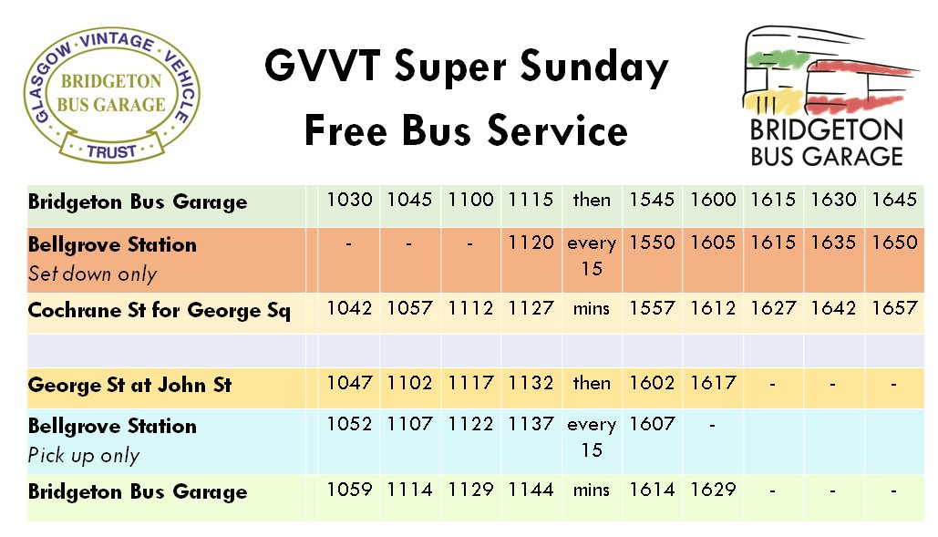 GVVTGlasgow's tweet photo. A week until our Super Sunday event. We have a free shuttle bus every 15 mins from Bridgeton Garage to the City Centre, stopping at Bellgrove Station. We're 5 minutes walk from Bridgeton Station and there's free on street parking around the Garage. We hope you can join us! https://t.co/b7ZjIE8pfs
