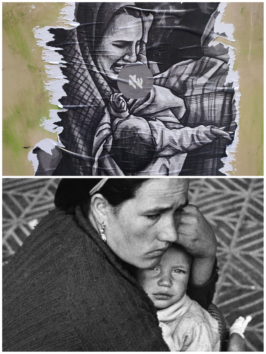 Street art in Barcelona based on photo from Gaza. November 2023. 
Antoni Campañà, Refugees from Málaga in Montjuïc stadium, January 1937.