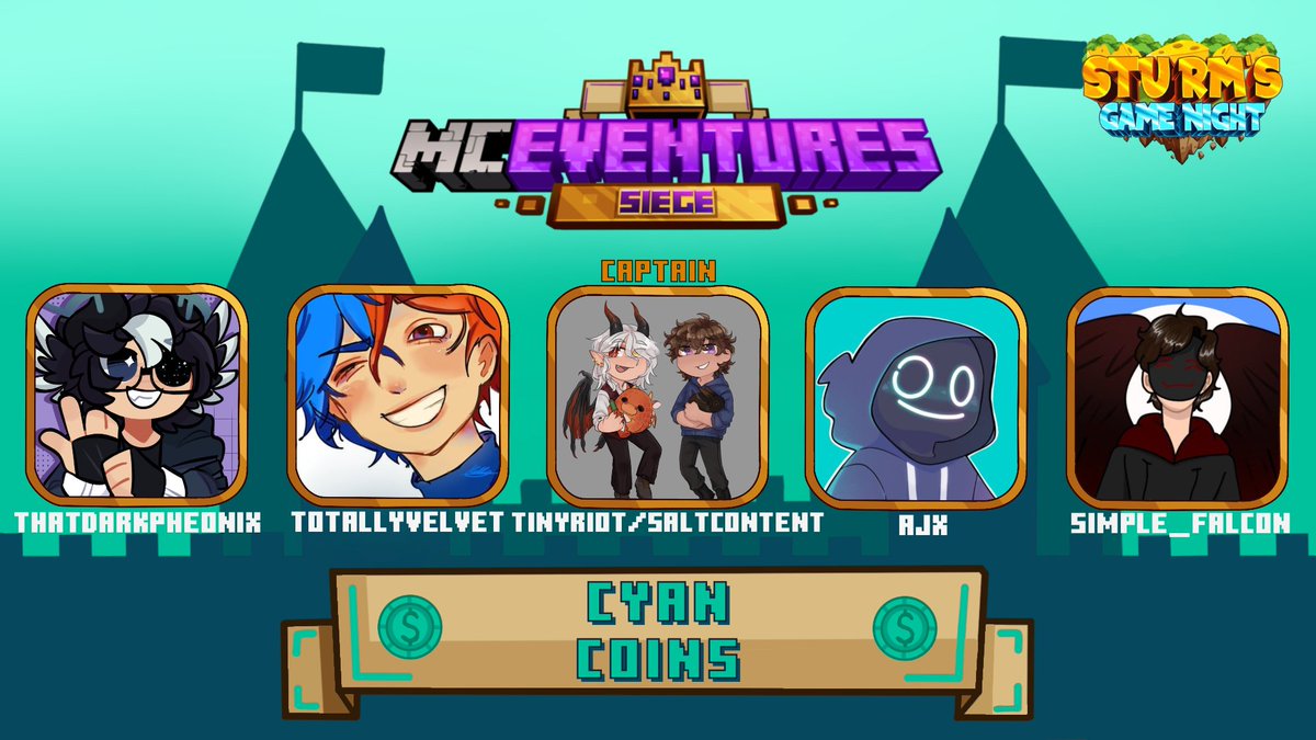 MCEventures (@mceventures) on Twitter photo Introducing the Cyan Coins 👑
<a href="/ThatDarkPenix/">Dark/Callum 💫💜</a> <a href="/TotallyVelvet/">Velvet (Brain full of minecraft)</a> <a href="/TinyRiotx_/">TinyRiotx🎗️</a> <a href="/SaltContent_/">Salt/Ethan :D</a> <a href="/simple_falcon/">Simple_falcon</a>
Watch them compete in MCE: Siege x Sturm’s Game Nights on Saturday 6th September at 2pm BST ⚔️ Introducing the Cyan Coins 👑
<a href="/ThatDarkPenix/">Dark/Callum 💫💜</a> <a href="/TotallyVelvet/">Velvet (Brain full of minecraft)</a> <a href="/TinyRiotx_/">TinyRiotx🎗️</a> <a href="/SaltContent_/">Salt/Ethan :D</a> <a href="/simple_falcon/">Simple_falcon</a>
Watch them compete in MCE: Siege x Sturm’s Game Nights on Saturday 6th September at 2pm BST ⚔️