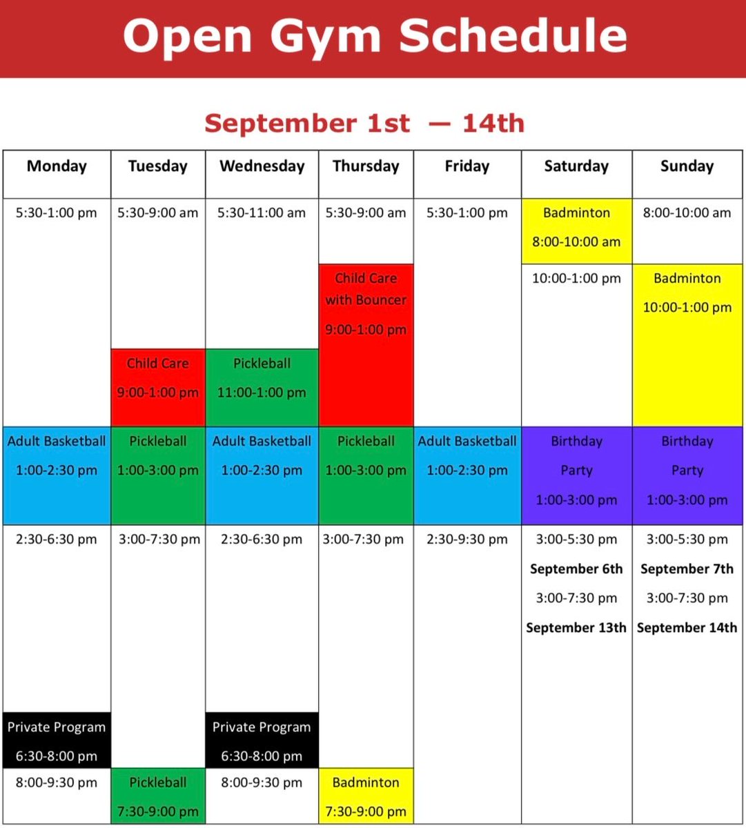 Our updated gymnasium schedule is now available!

*In effect September 1st to 14th.

#YMCAofBrandon