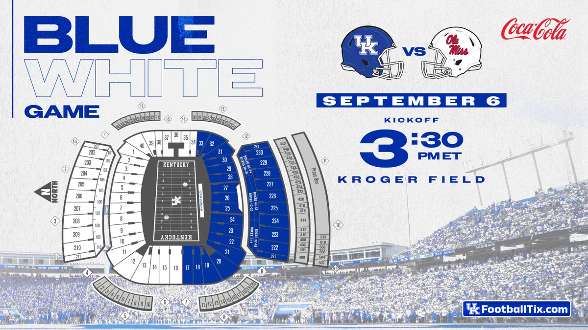 Kentucky Athletics (@ukathletics) on Twitter photo Next Saturday's <a href="/UKFootball/">Kentucky Football</a> matchup vs. Ole Miss will be the "Blue-White Game" 🔵⚪️
The south side (home sideline) of the stadium is encouraged to wear blue 🔵
The north side (away sideline) plus the student section wear white ⚪️
See you there, #BBN | 🎟️ Next Saturday's <a href="/UKFootball/">Kentucky Football</a> matchup vs. Ole Miss will be the "Blue-White Game" 🔵⚪️
The south side (home sideline) of the stadium is encouraged to wear blue 🔵
The north side (away sideline) plus the student section wear white ⚪️
See you there, #BBN | 🎟️