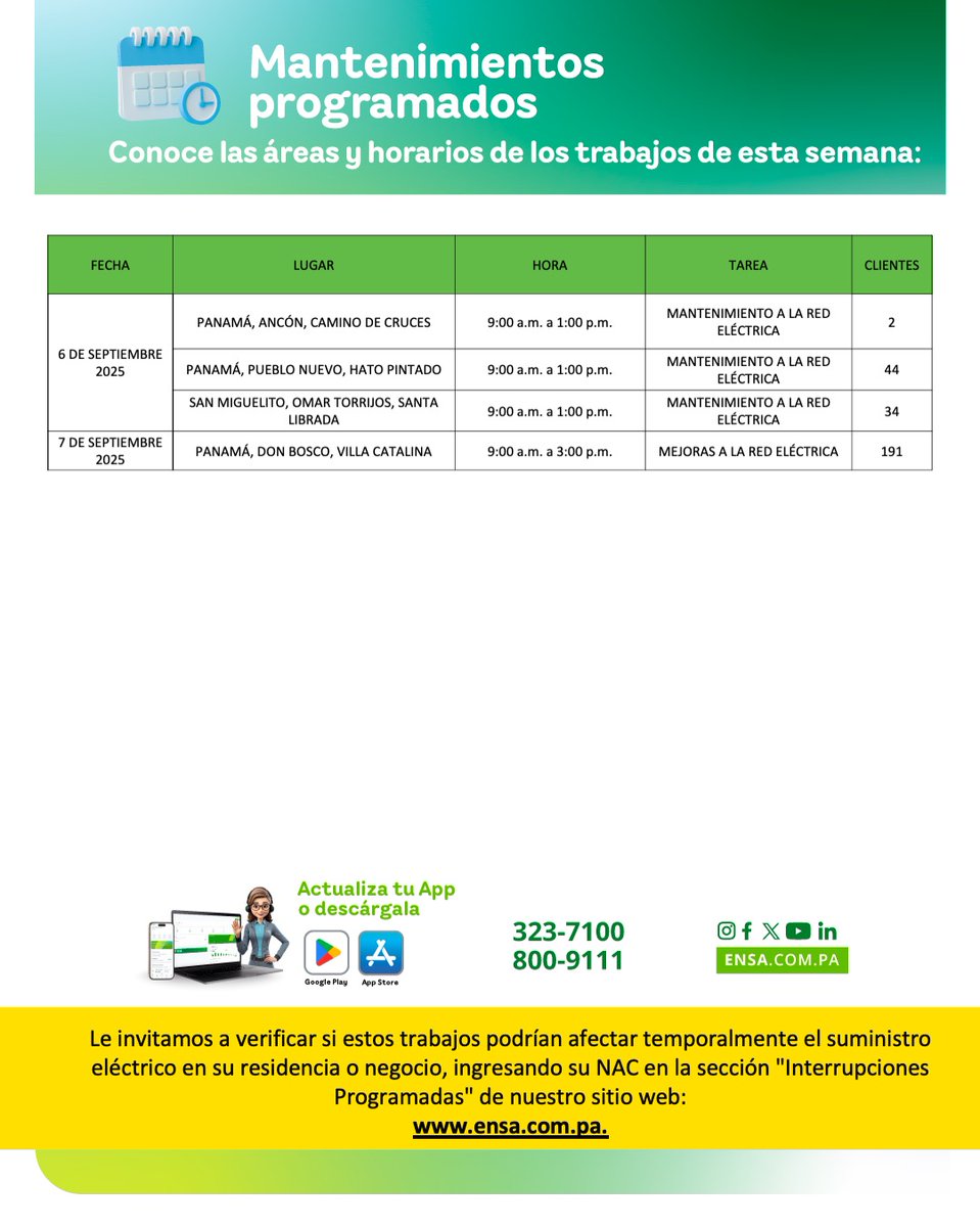 SEGUIMOS TRABAJANDO para asegurar que la energía llegue de manera confiable a todos los hogares de nuestros clientes. Por eso debemos realizar mantenimientos preventivos.

Conoce las interrupciones de suministro para esta semana.

ENSA, somos gente que ilumina. 💡

#ensa