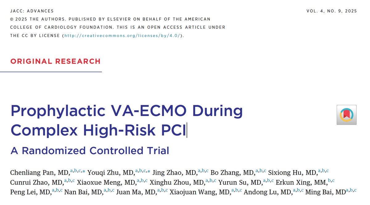 Auribarri's tweet photo. 🚀 Game changer in high-risk PCI?

RCT (70 pts, SYNTAX ≥33, CABG refusal) tested prophylactic awake #VAECMO during complex PCI — no distal perfusion line, mostly pts with LVEF >35%, median support ~24h.@JACCJournals #shock @secardiologia 
https://t.co/1lgutsSdlt
🧵⬇️ https://t.co/wfquO2wRZZ