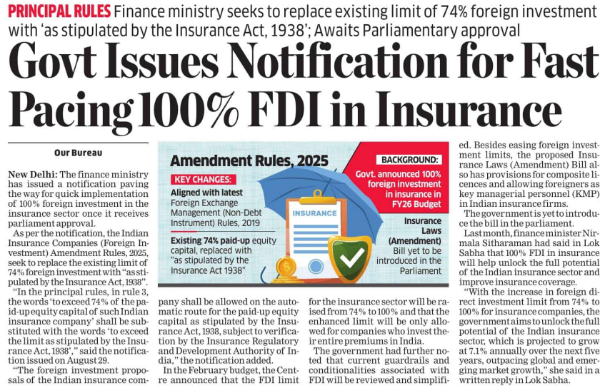 🚨 Big Update in Insurance Sector! 🚨

The government has issued a notification to fast-track 100% FDI (Foreign Direct Investment) in insurance 🏦.
Currently, the limit is 74% – this move will allow full foreign ownership once Parliament approves it.
🔑 What this means:
✅ More