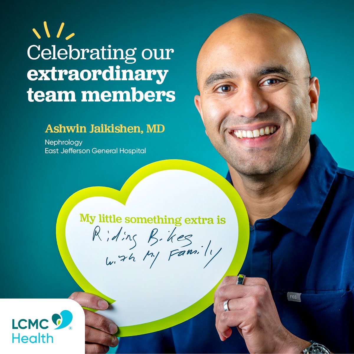 LCMCHealth's tweet image. Dr. Ashwin Jaikishen specializes in Nephrology at @EJHospital. His #littleextra is that he loves riding bikes with his family! 🚲👨‍👩‍👧‍👦 #FamilyFunMonth
Share your Little Extras with us at bit.ly/3IY8pgY.