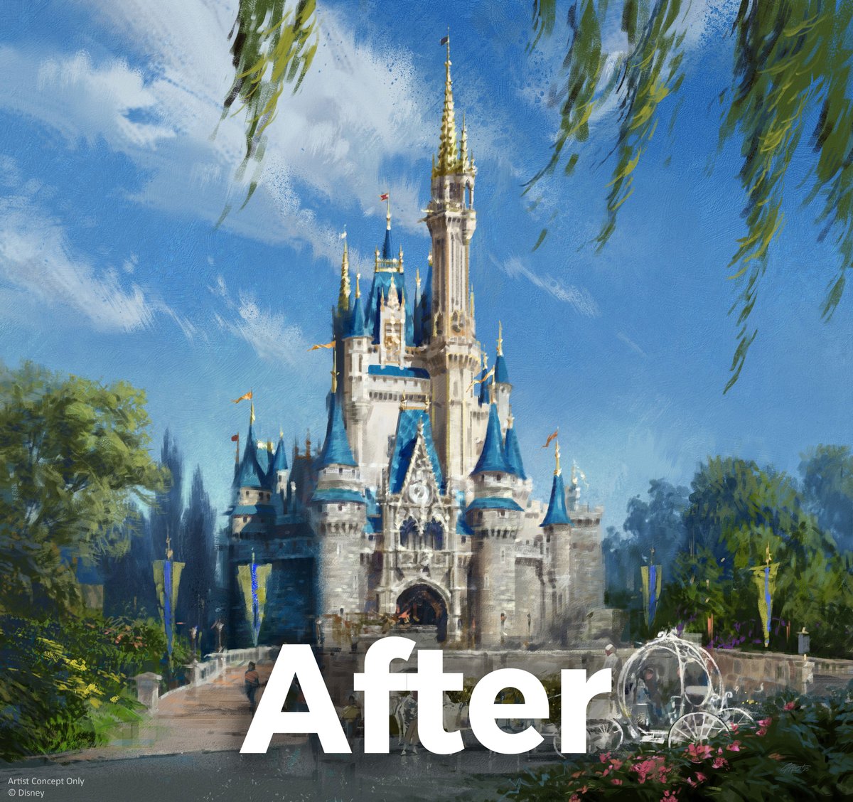 Disney's Cinderella Castle is reverting back to its original blue, gray and gold colors after being iridescent pink for the past 5 years (part of the 50th anniversary celebration).