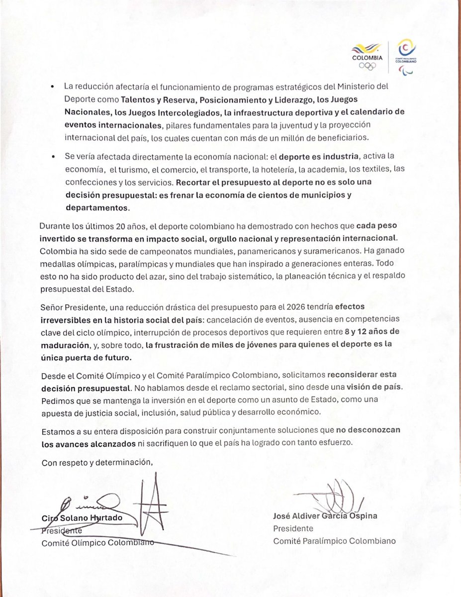 Carta del deporte colombiano al presidente de la República Gustavo Petro Urrego

olimpicocol.co/web/carta-del-…

<a href="/petrogustavo/">Gustavo Petro</a> <a href="/OlimpicoCol/">Comité Olímpico COL</a> <a href="/COLParalimpico/">Comité Paralímpico Colombiano</a>