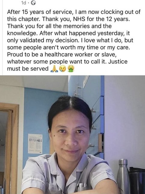 This is the NHS nurse who was racially attacked yesterday. She is leaving the NHS as a result.
I hope <a href="/Rylan/">R Y L A N</a> sees what happens when you parrot the racist narratives of the far right and how it has real consequences for POC in this country.