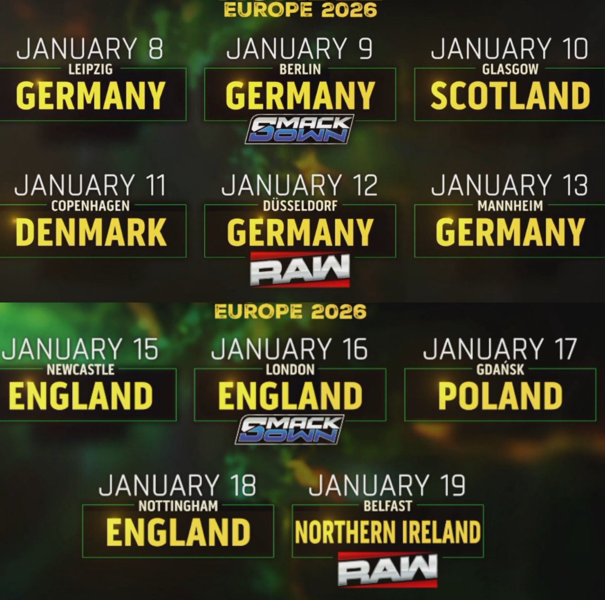 Wrestle Ops (@wrestleops) on Twitter photo WWE announces European Tour for the road to the 2026 Royal Rumble in Saudi Arabia. WWE announces European Tour for the road to the 2026 Royal Rumble in Saudi Arabia.