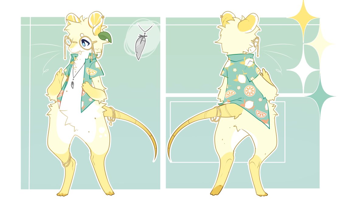 Hey!!

Lemon raT here 🐀🍋!
I just chill and vibe with whatever and like to art peacefully with my friends!

Arto: #ArtForTheLemon

ref + design by <a href="/Taroro_jpeg/">Taro 🍙 Fluffy Stego</a>