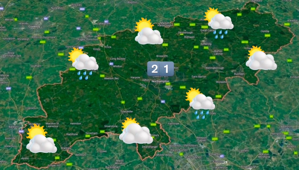 Good evening Northamptonshire.

Mostly dry tonight. 11°C.

A sunny start tomorrow before clouds develop bringing scattered heavy showers &amp; sunny spells. Breezy with 30mph gusts. 21°C.

Outbreaks of rain arrive on Tuesday after a bright start to the day. 19°C.