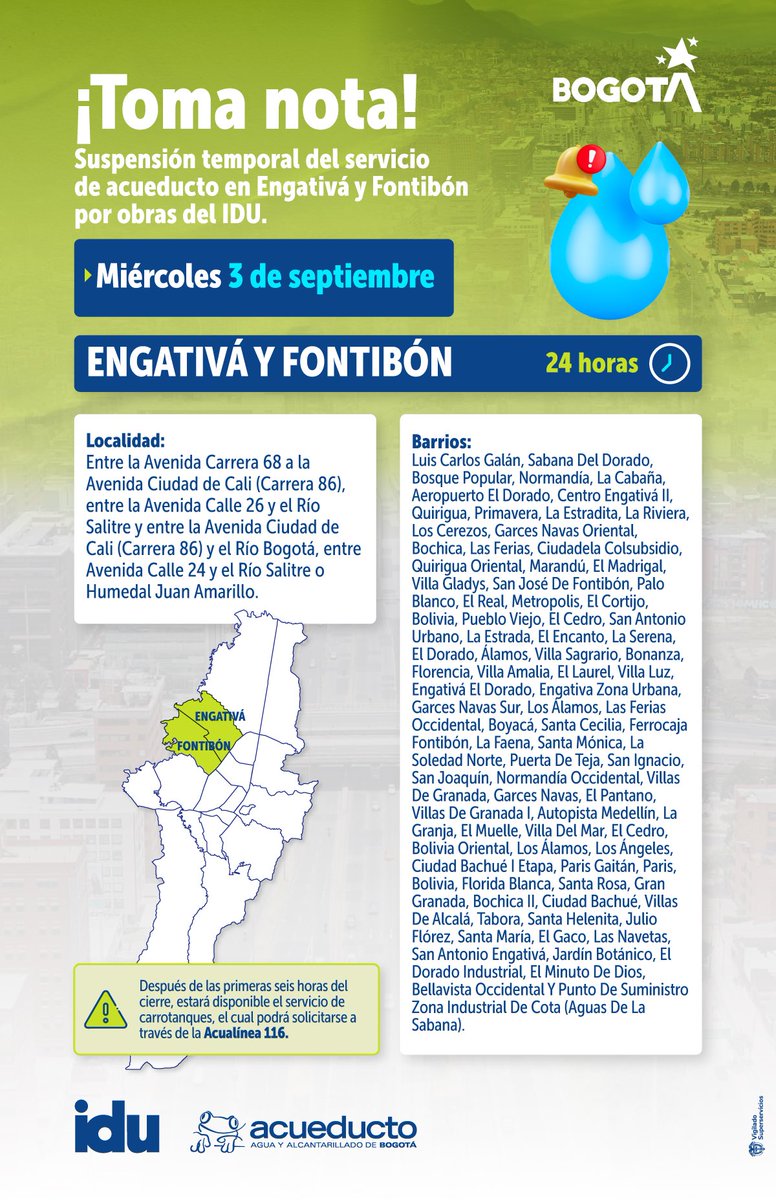 TransMilenio's tweet photo. ¡Atención🚨residentes de #Engativá y #Fontibón!

El día miércoles 3 de septiembre, se realizarán #CortesDeAgua🚱 para adelantar obras que mejorarán la movilidad.

📍⏰ Consulta los barrios aquí: https://t.co/S8quSuYM3K https://t.co/UQd2x8tKt1